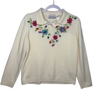 Alfred Dunner Petite Floral Embroidered Collar Sweater Cream Women's PXL